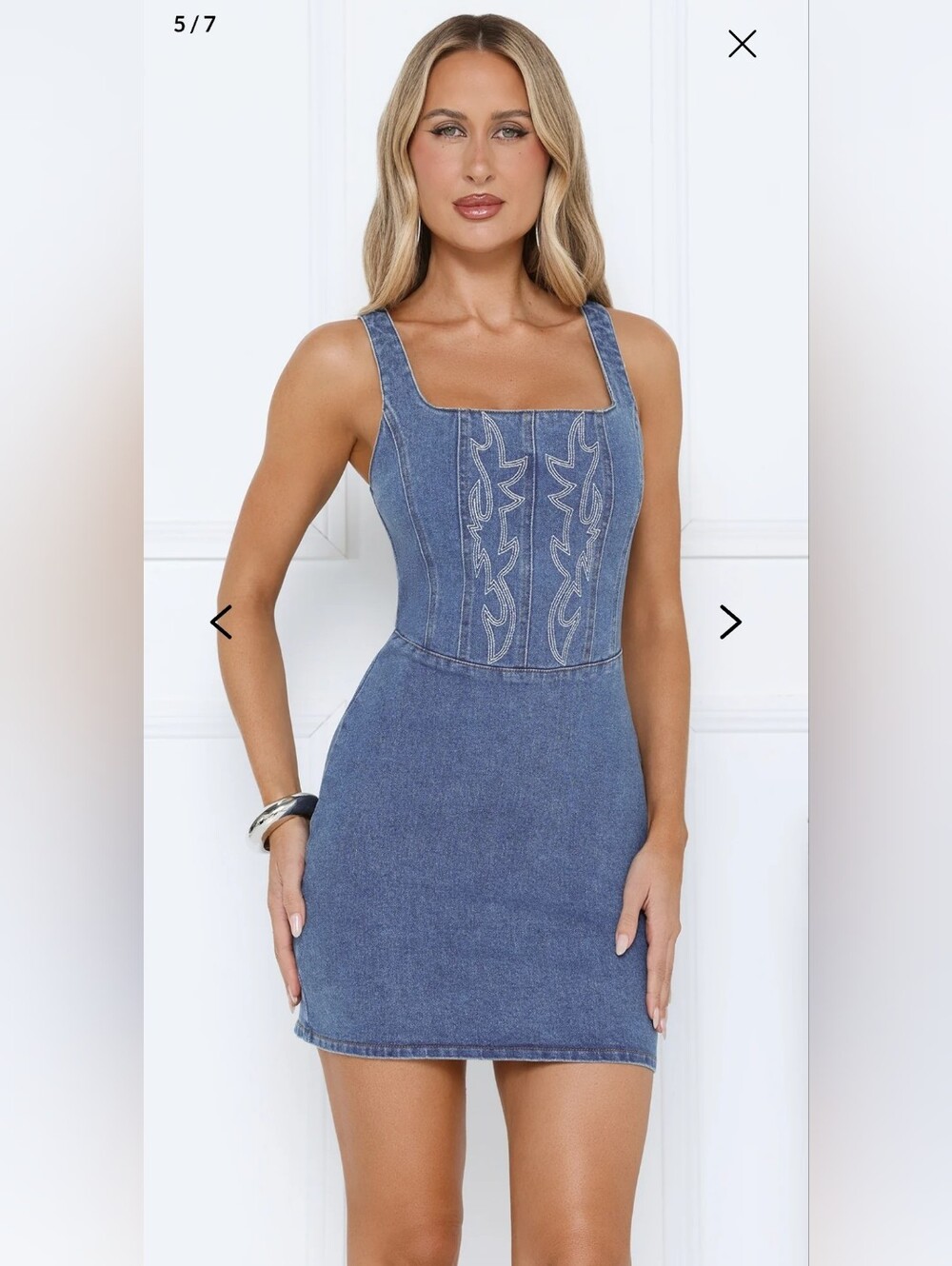 Denim Square-Neck Mini Dress - Blue